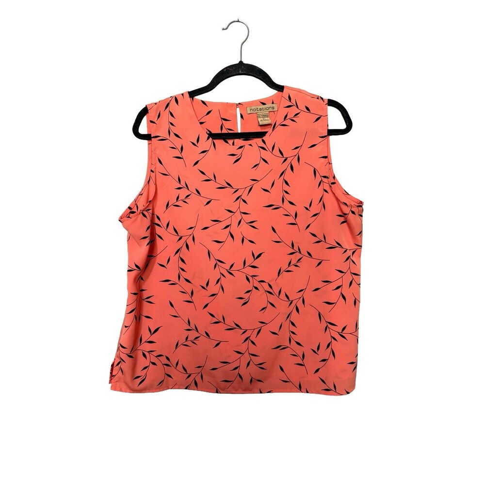 Notations Women’s XL Sleeveless Blouse Coral Black Leaf Print Keyhole Back
